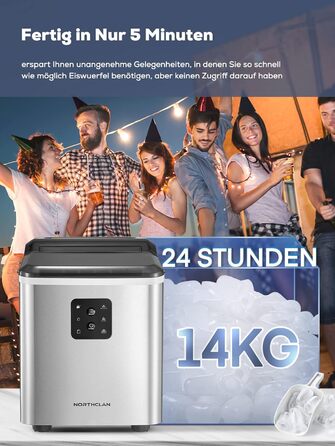 NORTHCLAN Stainless Steel Ice Maker - 14kg Capacity, 2 Sizes, Self-Cleaning, Fast Ice Production, LED Display, 2L Tank, Includes Scoop & Basket