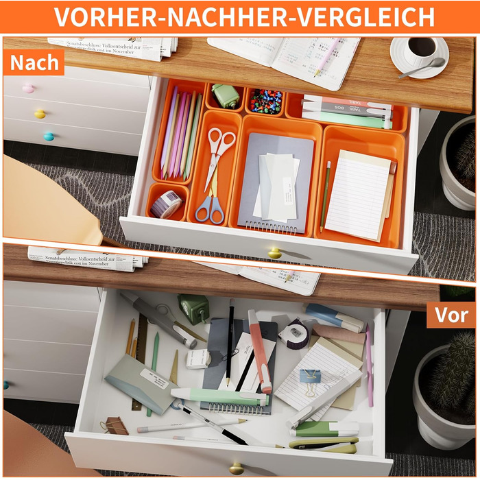 45 Piece Drawer Organizer Set for Office with 3 Sizes, Vanity Makeup Organizer Drawer, Storage Desk Organizer Drawer System for Kitchens, Bedrooms, Bathrooms, Office, Grey (3 - Sizes, Orange (45 Pieces))