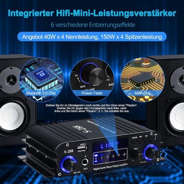 HiFi підсилювач S-288 600Вт, міні Bluetooth стерео аудіо ресивер, 12В/220В, 4 канали, цифровий підсилювач із LCD-дисплеєм, FM-радіо, Bluetooth, USB-вхід, для дому або авто