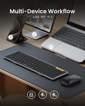 Бездротова клавіатура та миша ProtoArc XKM01: складана, Bluetooth, 2.4G, QWERTZ, для iPad, Tablet, iPhone, Laptop (Space Grey)
