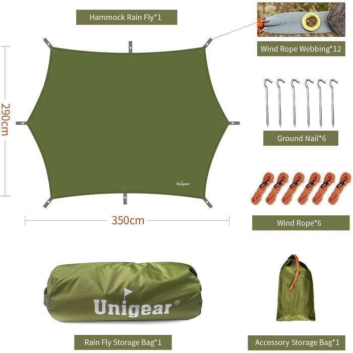 Водонепроникний намет-тент Unigear / 450x420 см шестикутний з люверсами + 6 алюмінієвих кілків + 6 мотузок, покривало для гамака, захист від дощу та сонця для кемпінгу, пікніка, фестивалю (зелений, 350x290 см)