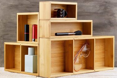 Bamboo Drawer Organizers, 5-Piece Set, with Various Compartments and Removable Dividers, Set of 5 Sturdy Wooden Storage Boxes with Extra Foot Pads for Home and Office