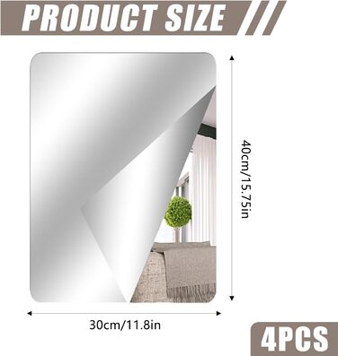 Самоклеючі дзеркальні наклейки на плитку, 4 шт. (40x30 см, круглий кут) - акрилові дзеркала для дому, школи, ванної кімнати