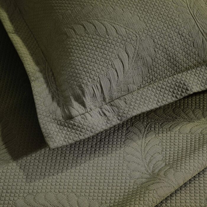 Комплект покривала на ліжко з жаккарда з квітковим орнаментом Fleur de Lis, 100% бавовна, розмір Queen, оливковий зелений
