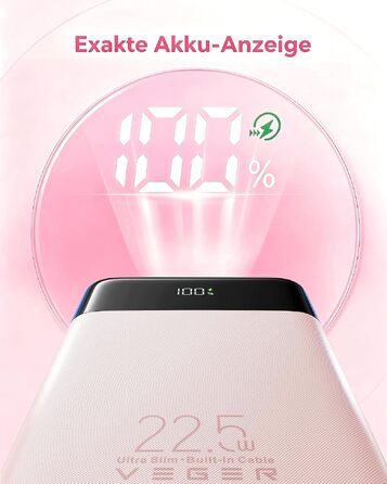 Повербанк VEGER 10000mAh 22.5W з вбудованим кабелем USB-C, рожевий
