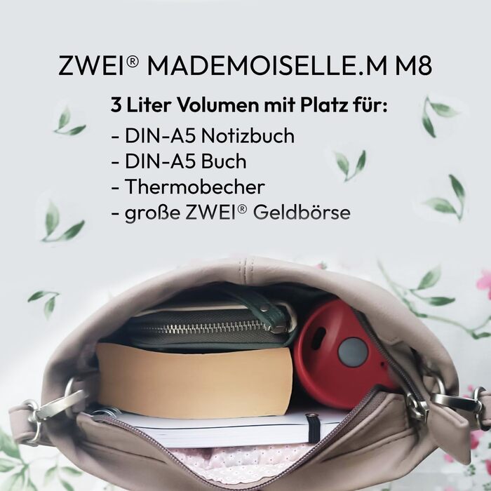 Сумка жіноча Zwei Damen Mademoiselle.M M8 крос-боді зі штучної шкіри з прихованим відділом та основним відділом на блискавці, з коротким та довгим знімним ремінцем, Nubuk-linen
