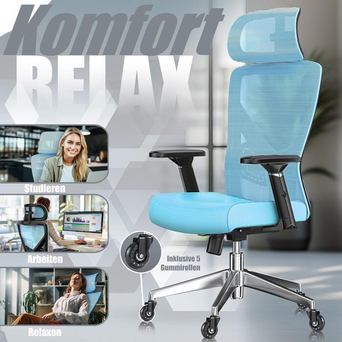 Крісло офісне KESSER® ергономічне з регульованими підлокітниками, поворотне з підтримкою попереку, з підголівником, функція гойдання до 125° та 5 роликів, блакитне/сріблясте