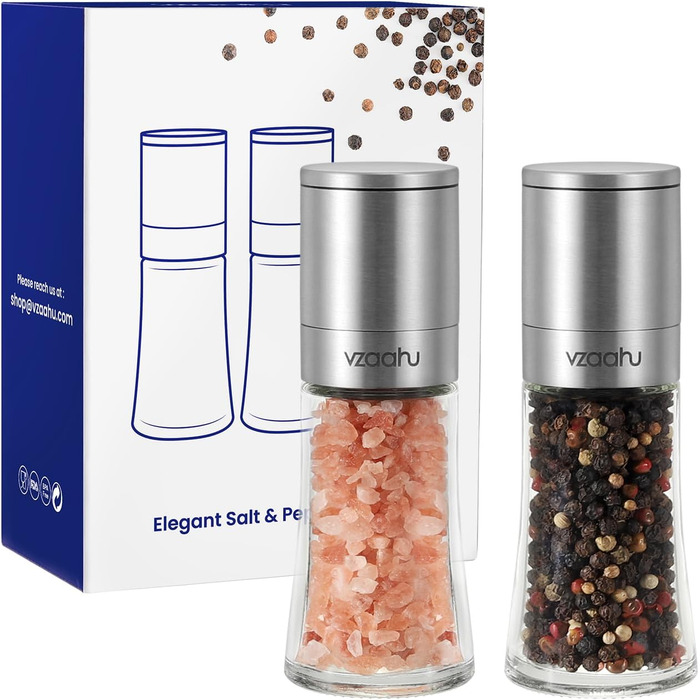Набір з 2 мельниць для солі та перцю Vzaahu з керамічним механізмом, регулювання помелу, сірі та блакитні, портативні, багаторазові