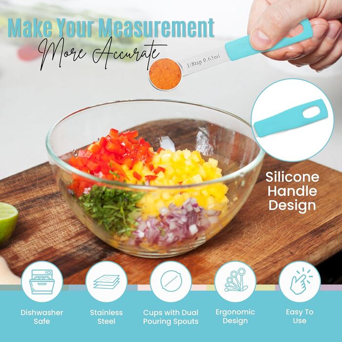 Nextop 14-Piece Stainless Steel Measuring Cup and Spoon Set with All Stackable Sizes and Levelers for Dry Ingredients, Complete Set for Kitchen & Baking Measuring Tools (Aqua Sky Blue Set)