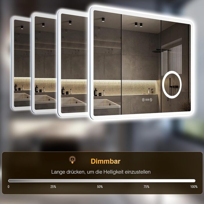 Дзеркало для ванної кімнати з підсвічуванням 80x60 см, 3 кольори, регулювання яскравості, антизапар, 3x збільшення, розетка для бритви, IP44, для горизонтального/вертикального монтажу