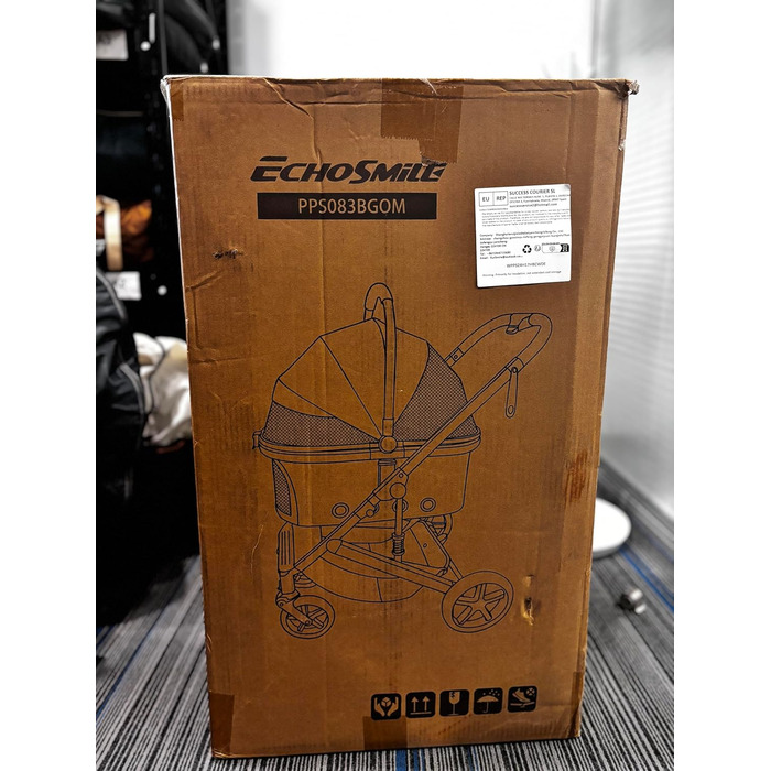 Візок для собак EchoSmile до 20 кг, 4-в-1, чорний. Складаний, з колесами, сітковими віконцями. Підходить для собак та котів середніх розмірів