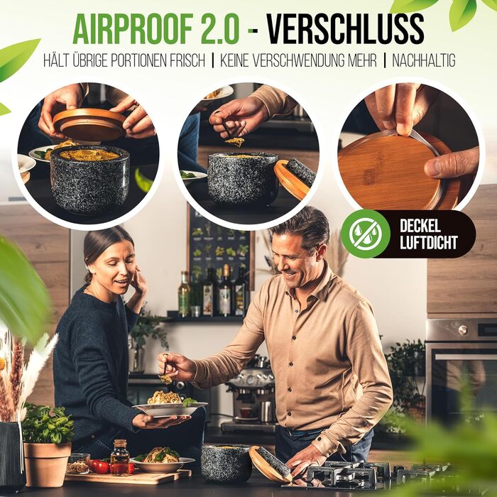 Гранітний ступка з товкачем та кришкою AirProof 2.0, 750 мл, антрацит — преміум ступка для спецій і трав, без абразиву, з підставкою SolidStand
