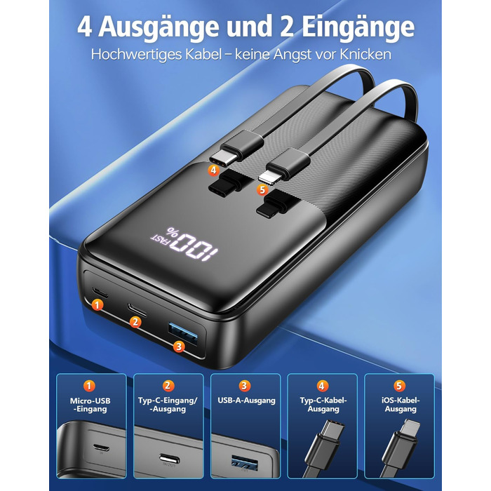 Power Bank 40000mAh 22.5W PD USB-C: Зовнішній акумулятор з 3 портами та 2 кабелями, сумісний з iPhone, Android