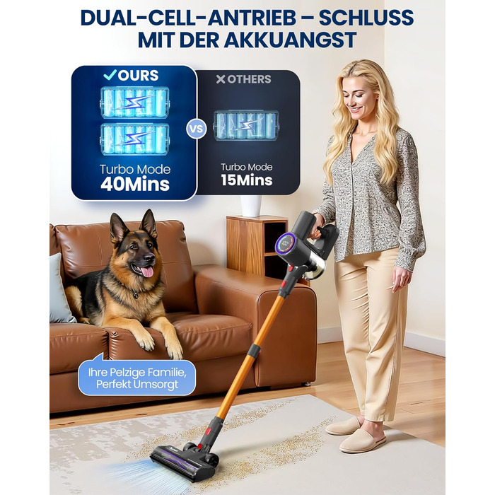 Бездротовий акумуляторний пилосос DP2 з подвійним акумулятором, 45KPa, 60 хвилин роботи, 500W, LED-дисплей, телескопічна труба, вертикальне зберігання, світло GreenEye, ідеальний для шерсті тварин/килимів/твердих підлог, золотий