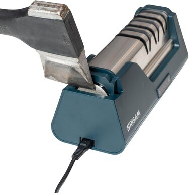 Електричний точило для ножів Messerschärfer – 2-ступенева система шліфування, для кухонних та керамічних ножів, з кутозапобіжником, професійний (Білий/Синій)