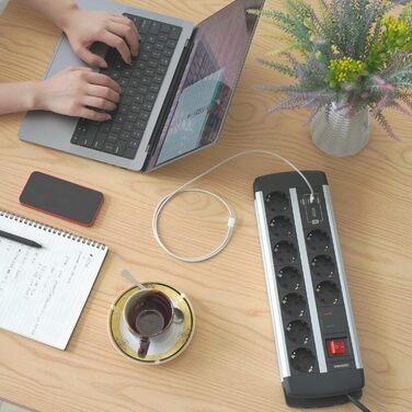 Многофункціональна мережева панель Ucomen з USB та захистом від перенапруги (3680W, 16A) для комп'ютерних столів, 10 розеток, 20W USB-A та USB-C зарядка, кабель 1.5м