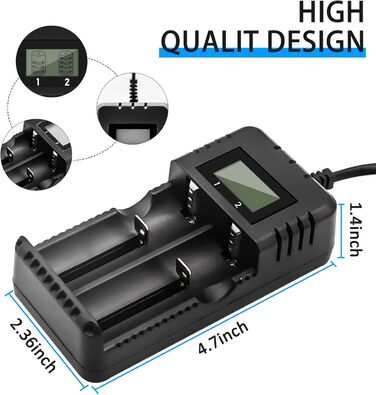 Зарядний пристрій для акумуляторів Li-Ion з LCD-дисплеєм, 4 слоти, швидка зарядка, сумісний з 26650/18650/14500/16340