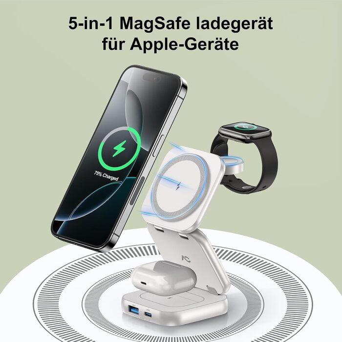 Бездротова зарядна станція 5-в-1 AC Island для iPhone 17/16/15/14/13/12, Apple Watch Ultra/11 та AirPods Pro, MagSafe, складана, срібляста (з адаптером 35W)