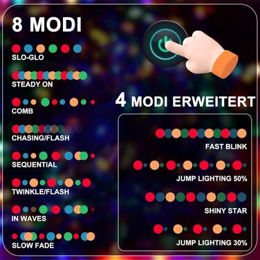 LED гірлянда WISD 23м, 200 LED, багато кольорів - димувана різдвяна ілюмінація на темно-зеленому кабелі з 12 режимами, таймером та EU штекером - для прикраси ялинки, балкона, кімнати, саду. 200 LED