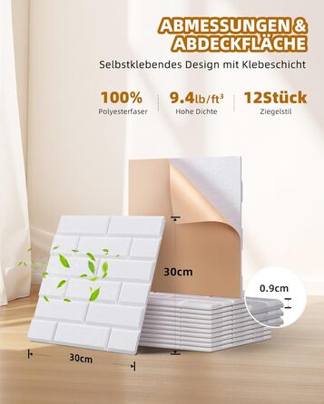 Акустичні панелі Jamelo самоклеючі 3D цегла, 30x30x0,9 см, 12 шт. — звукопоглинаючі панелі для стін у студію, спальню та офіс (Білий)