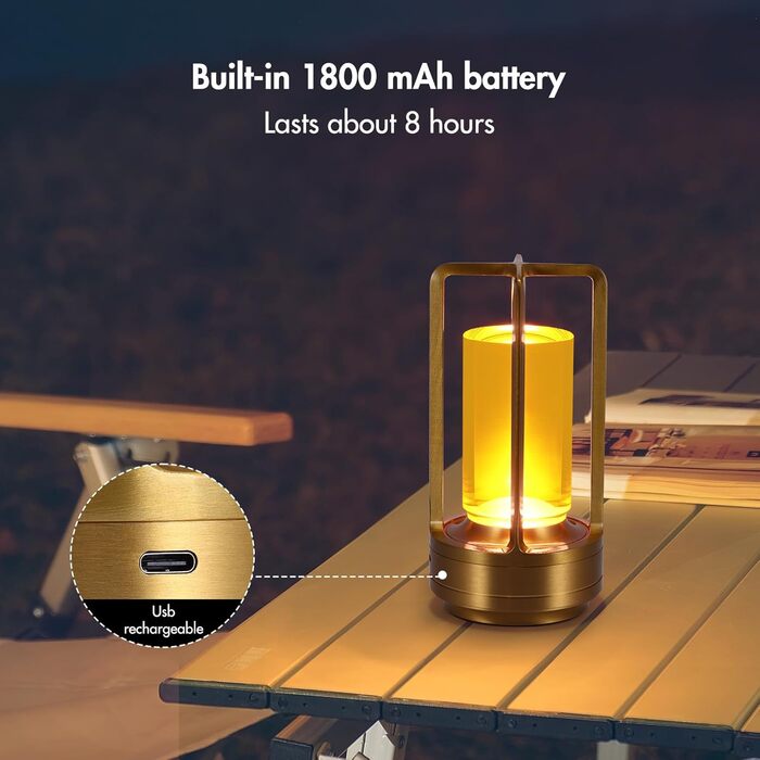 Торшер з торканням, бездротова LED лампа в стилі вінтаж, USB-зарядка, 3 кольори, регулювання яскравості, для спальні, офісу, вітальні, декор, подарунок (золотий)