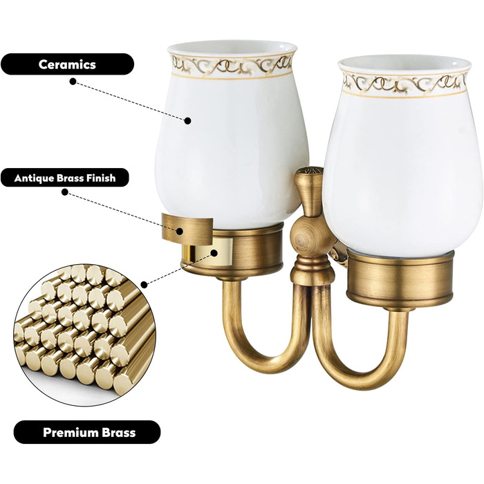 Home Antike Toothbrush Holder, Brass Tooth Cup Holder, Retro Classic Solid Copper Toothbrush Holder and Ceramic Glass Shape Double Toothbrush Holder