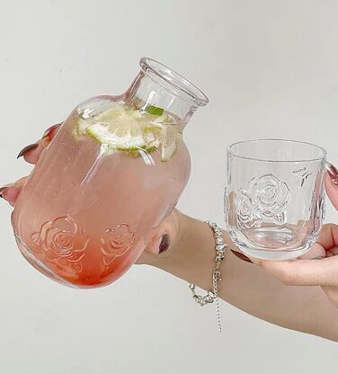 Vintage bedside table carafe and cup set, glass tea service for one person, embossed rose design (transparent)