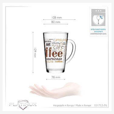 PLATINUX Coffee Glasses with Motif, max. 350ml, Set of 6, Glass Latte Macchiato Glasses with Handle, Cappuccino Glasses