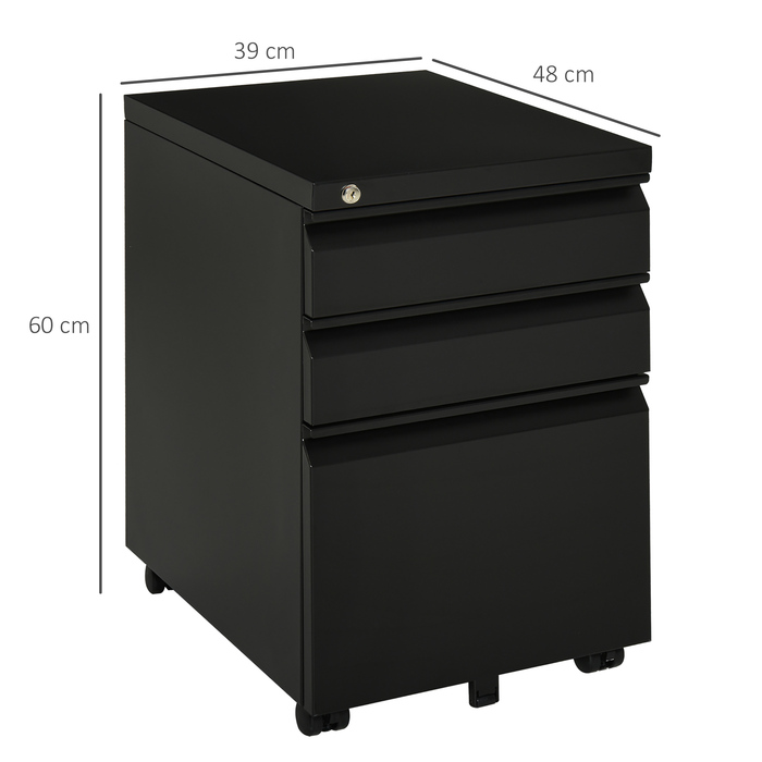 Vinsetto Rolling File Cabinet with 3 Drawers and Wheels, Concave Handle, Steel, Black for Office & Home Office