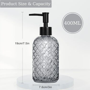 Скляний диспенсер для мила 500 мл з хвильовим дизайном для ванної кімнати та кухні, з чорним насосом, дерев'яними етикетками та воронкою (Charcoal, сірий)