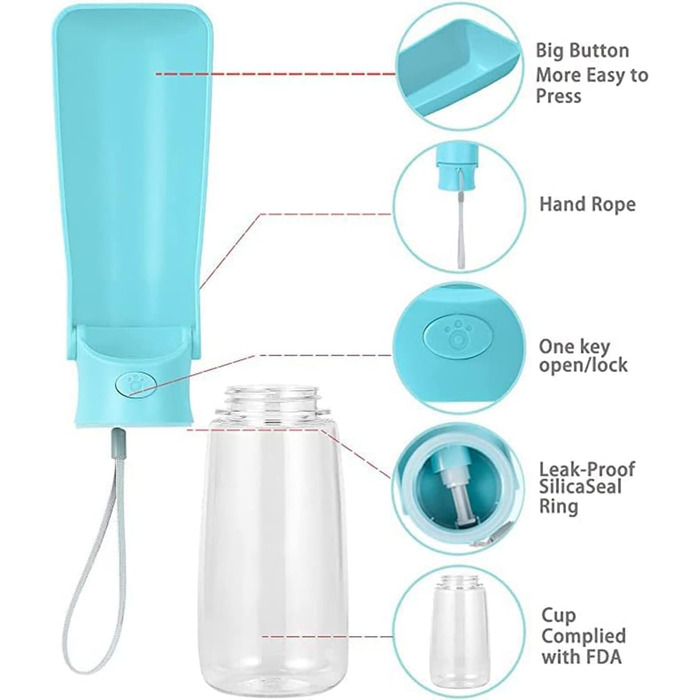 Складана пляшка для води для собак, 550 мл, не протікає, портативний диспенсер для води та корму для тварин, для прогулянок, походів, подорожей