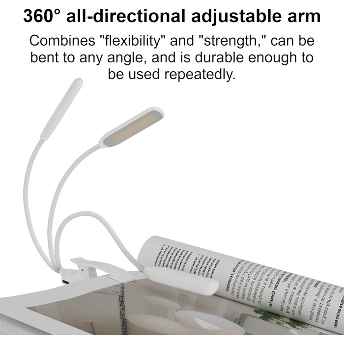 USB LED лампа для читання з кліпсою, 3 режими температури кольору, регульована яскравість, гнучка на 360°, для ліжка, столу та подорожей, біла
