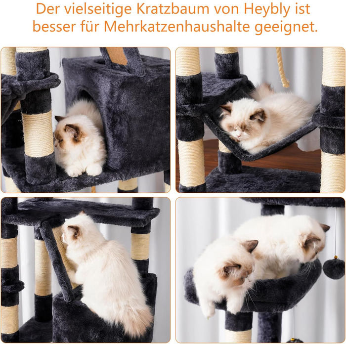 Багатоповерховий котячий будиночок Heybly Kratzbaum HCT025G, 173 см, з 16 стовпчиками для дряпання, 2 платформами, гамаком, печерею та іграшками