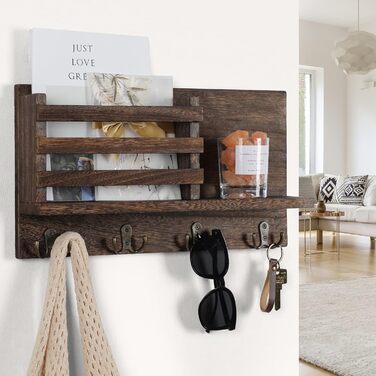 Keys and Mail Holder for Wall Rustic Natural Paulownia Wood 4 Double Hook Hanger Wall Organizer for Decoration, Bags, Accessories, Hardware and Manual Included (brown)