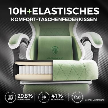 Ігровий крісло Dowinx з тканини, масажною підтримкою попереку та підніжкою, ергономічний офісний крісло для дорослих, великий і високий, 135 кг (зелено-білий)