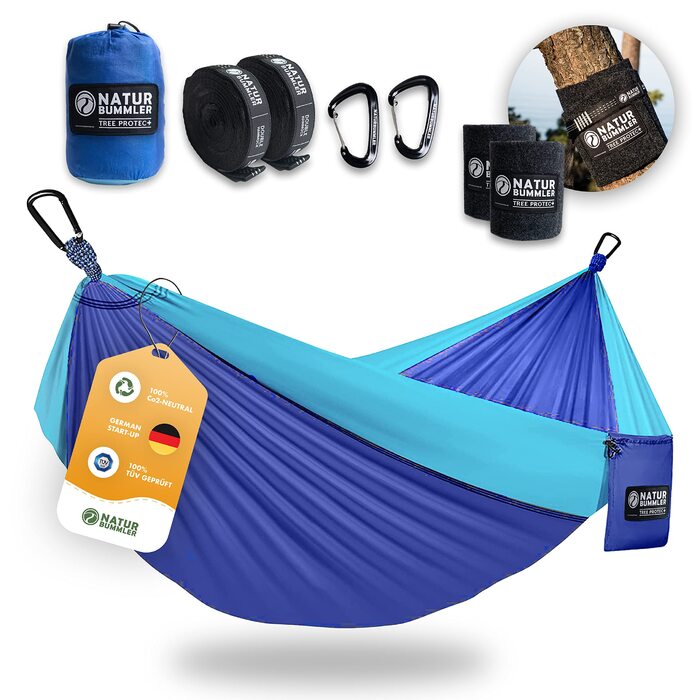 Гамак NaturBummler вуличний 300x170 см для 1-2 осіб (Meeresblau) з захистом дерева та кріпленням - легкий, водостійкий, подвійний шар для кемпінгу та саду