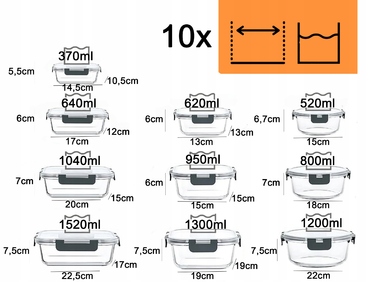 Набір зі 10 скляних ланчбоксів для їжі, термостійкі контейнери з герметичною кришкою