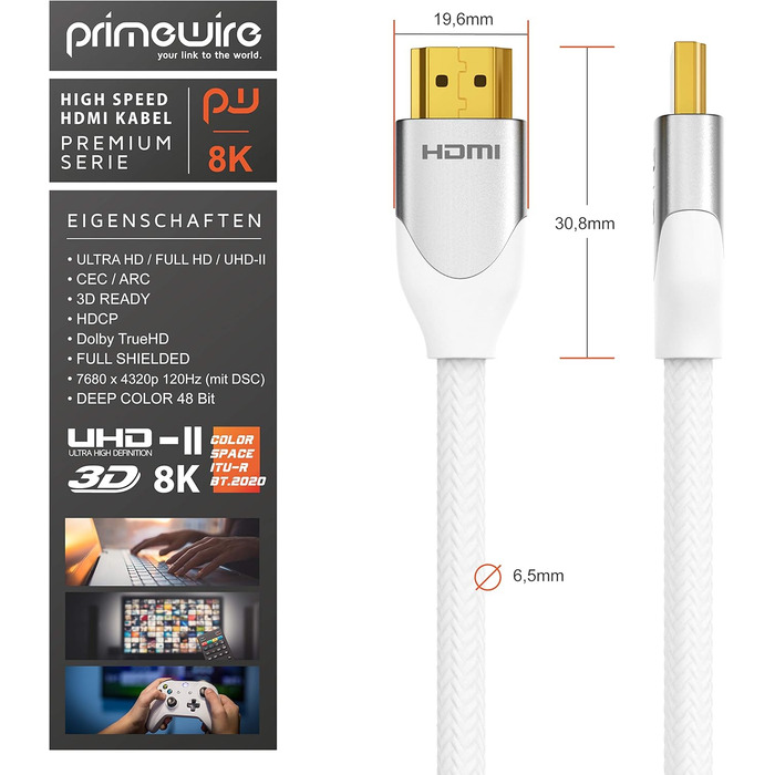 HDMI кабель 2.1 8K (3,0м) - білий, підтримка 8K@60Hz, 4K@120Hz, HDR, ARC, PS4, PS5, Xbox, Blu-Ray
