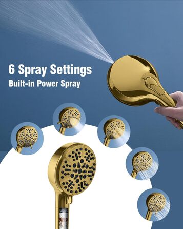 Душова лійка BOWGER з фільтром, 6 режимів, високий тиск, режим Power-Wash, фільтр від жорсткої води, знімний ручний душ з довгим шлангом, золота