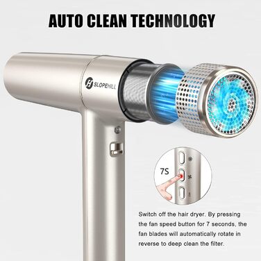 Фен Slopehill з унікальним безщітковим мотором | Інтелектуальна діагностика несправностей | Інноваційний мікрофільтр | Oxy Active Technology | LED-дисплей | 268г, 2000W (Champagne Gold)