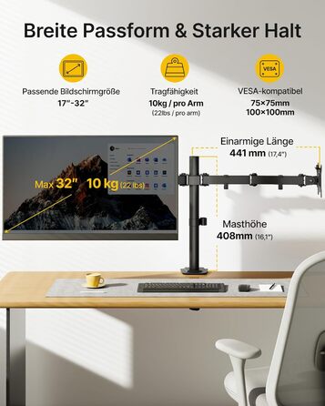 Кронштейн для двох моніторів monTEK (17–32 дюйми), навантаження до 10 кг на руку, регульований підвіс з кріпленням-струбциною та через стіл, VESA 75/100