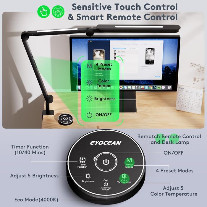 LED лампа EYOCEAN для робочого столу з регульованою яскравістю та двома джерелами світла, архітектурна лампа, 15W, захист очей