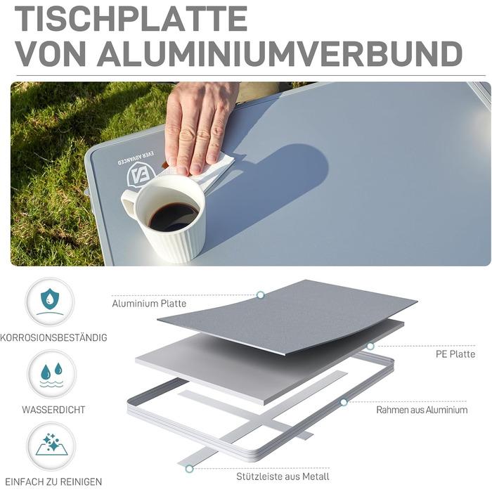 Складаний столик для кемпінгу EVER ADVANCED 120x60 см, XL для 4-6 осіб, до 60 кг, стабільна конструкція, для кемпінгу, пікніка, саду, балкону (білий)