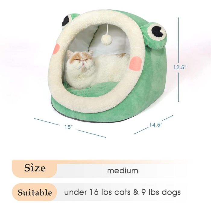 Кішечка Будиночок-Печера для Кішок, М'яке Ліжко-Печера для Кішок, Зелений, Розмір M (38x37x32 см), з Нековзним Дном та Знімним Матрацом
