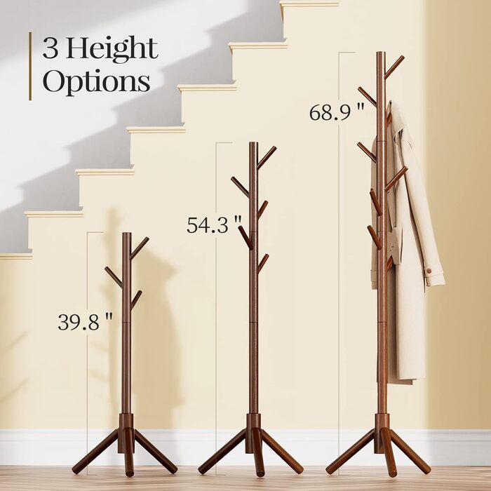 Pipishell Coat Rack, Clothes Rack, Garment Rack, Tree-Shaped Wardrobe, 3-Height Adjustable, for Clothing, Hat and Handbag, for Living Room, Bedroom or Office, With 8 Hooks, (Brown)