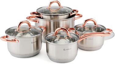Набір посуду EliteHoff Induktion: 10-ти частинний набір каструль та сковорідок з нержавіючої сталі з кришками та ручками рожевого кольору, підходить для всіх типів плит