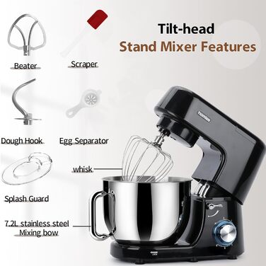 Кухонна машина-міксер 1800W з чашею 7.2L з нержавіючої сталі, 6 швидкостей, низький шум, мультифункціональна (міксер, гак для тіста, вінчик), з кришкою, чорний