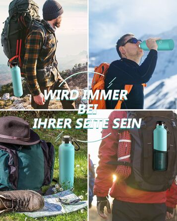 Фляга спортивна Feijian 1L з карабіном - не протікає, з нержавіючої сталі, для води, кави, чаю, без BPA, зелена