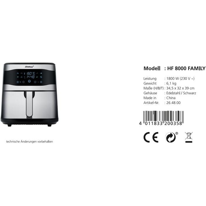 Фритюрниця Steba Family HF 8000, 8л, без олії, з сенсорним екраном, 8 програм, таймер 60 хв, 1800 Вт