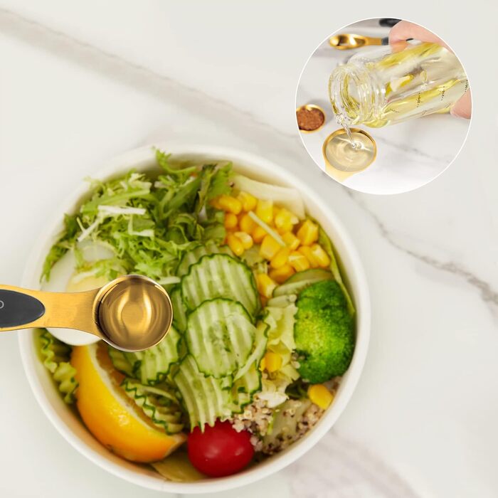 Gold-colored measuring cups and spoons, 15 pieces, 18/8 stainless steel, including 7 stackable metal measuring cups, 8 magnetic measuring spoons – ideal kitchen aids for cooking and baking